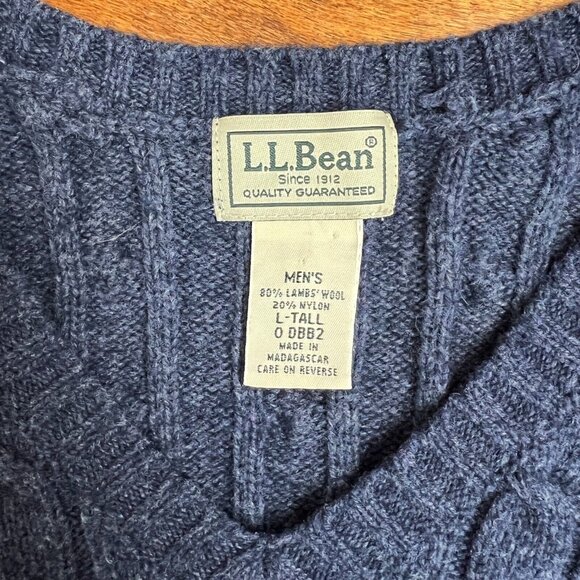 LL Bean Lambswool Sweater Vest Mens Large Tall LT Blue Cable Knit V Neck Classic - Picture 6 of 7